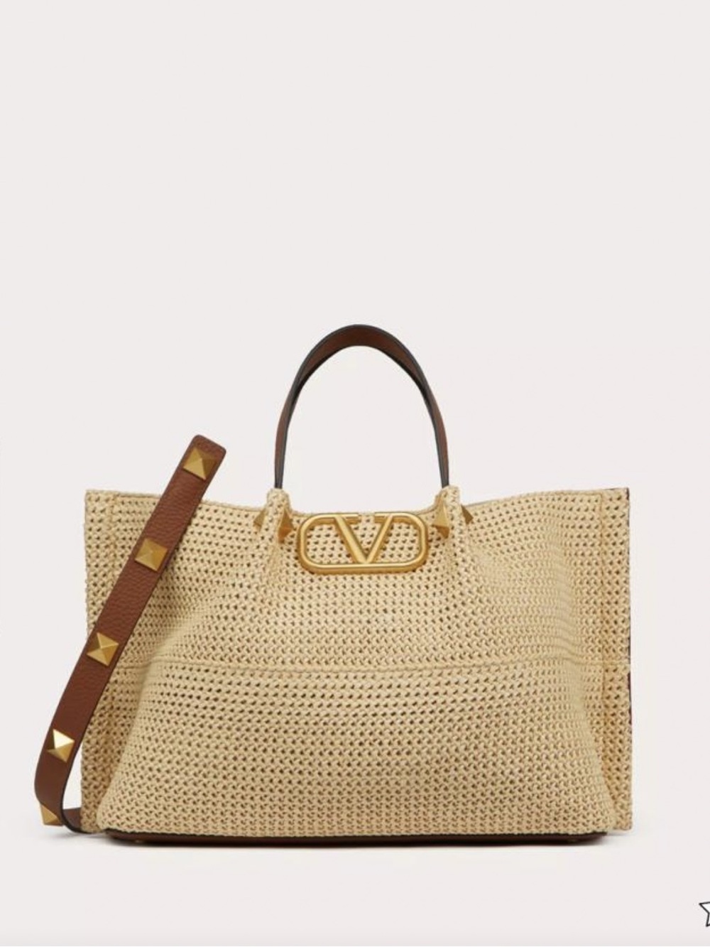 Valentino rockstud Straw Tote with Brown Leather Trim and Gold V-Logo